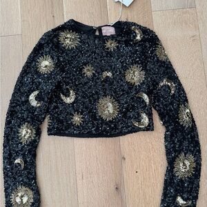 Show Me Your Mumu Black Sequin Crop Top with Gold Celestial Design